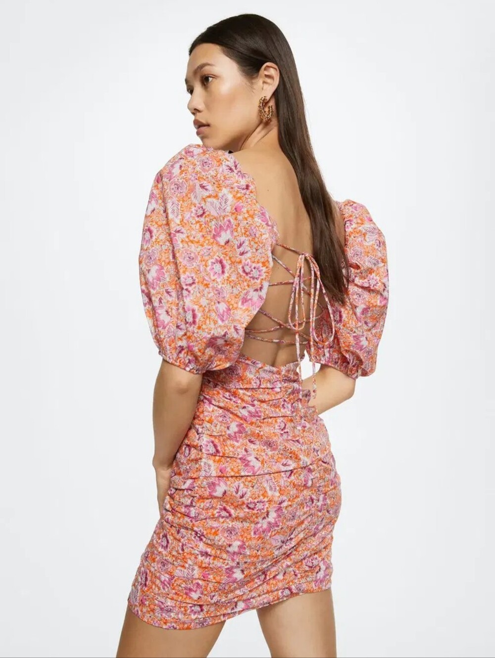 MNG Floral Ruched Puff Sleeve Lace Up Mini Dress Size 6